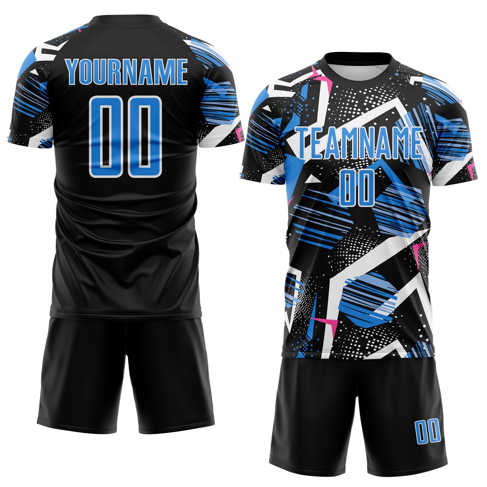 Custom Black Powder Blue Pink-White Geometric Asymmetry Shatter Sublimation Soccer Uniform Jersey view 2
