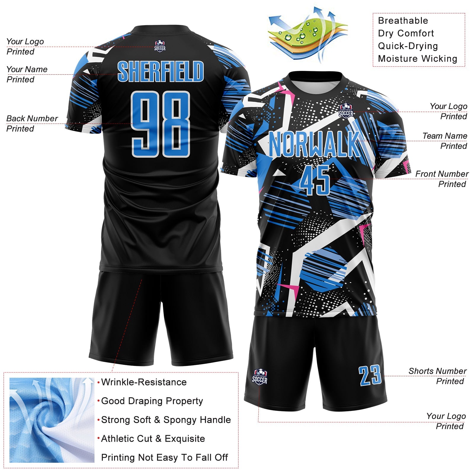 Custom Black Powder Blue Pink-White Geometric Asymmetry Shatter Sublimation Soccer Uniform Jersey view 4