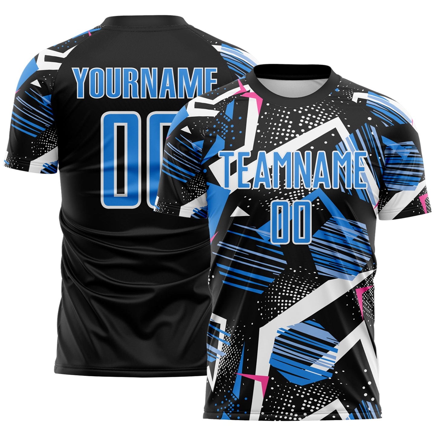 Custom Black Powder Blue Pink-White Geometric Asymmetry Shatter Sublimation Soccer Uniform Jersey - Main View