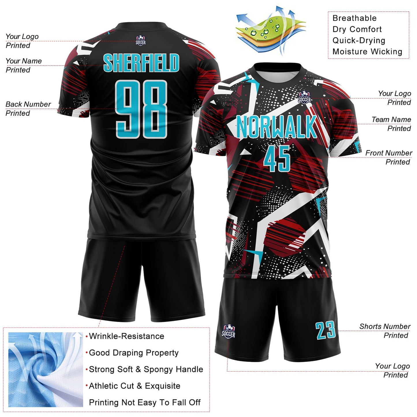 Custom Black Lakes Blue Red-White Geometric Asymmetry Shatter Sublimation Soccer Uniform Jersey view 4