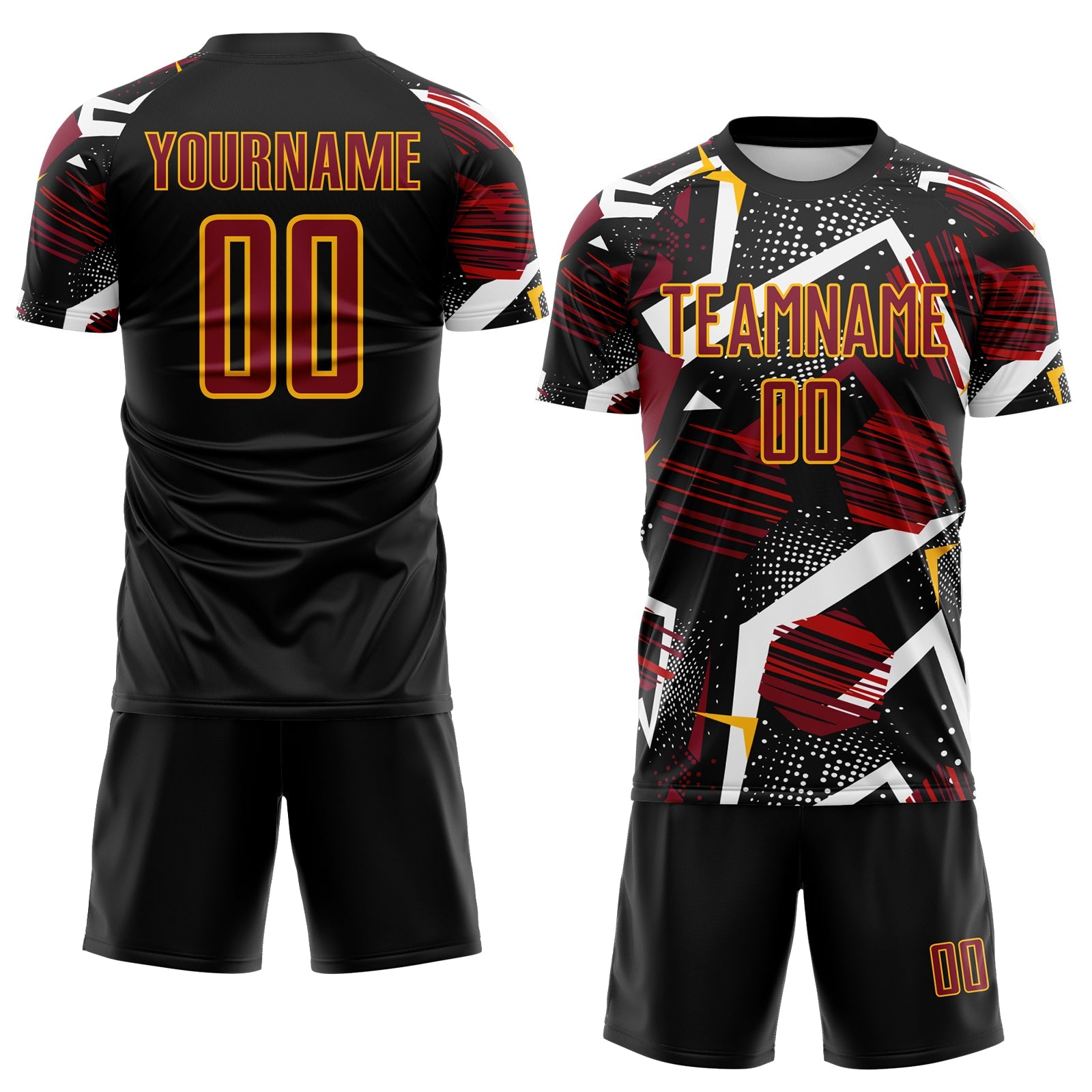 Custom Black Crimson White-Gold Geometric Asymmetry Shatter Sublimation Soccer Uniform Jersey view 2