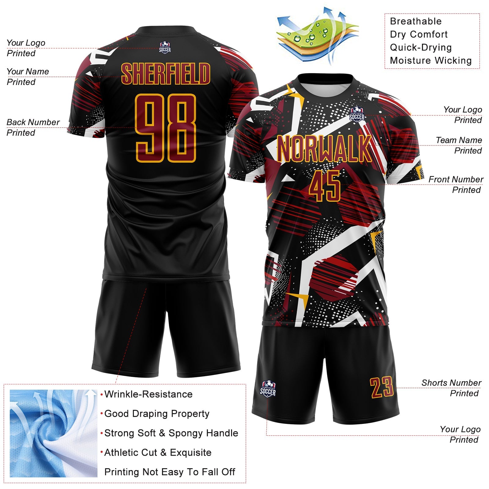 Custom Black Crimson White-Gold Geometric Asymmetry Shatter Sublimation Soccer Uniform Jersey view 4