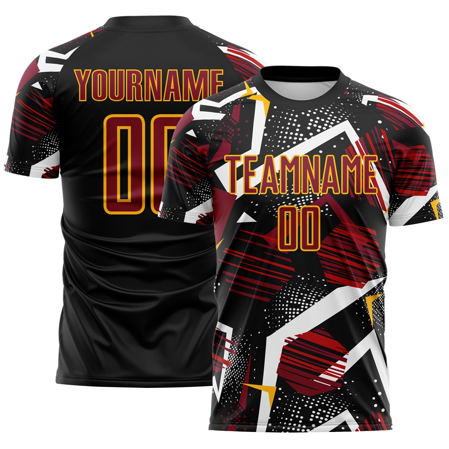 Custom Black Crimson White-Gold Geometric Asymmetry Shatter Sublimation Soccer Uniform Jersey - Main View