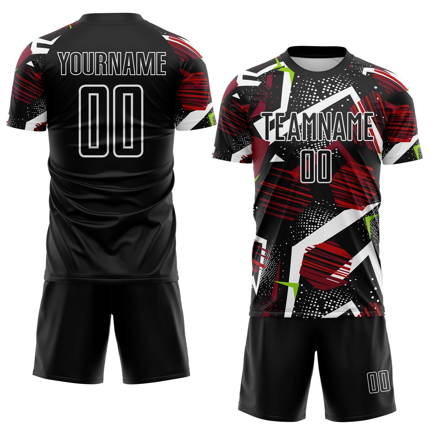Custom Black Red Neon Green-White Geometric Asymmetry Shatter Sublimation Soccer Uniform Jersey view 2
