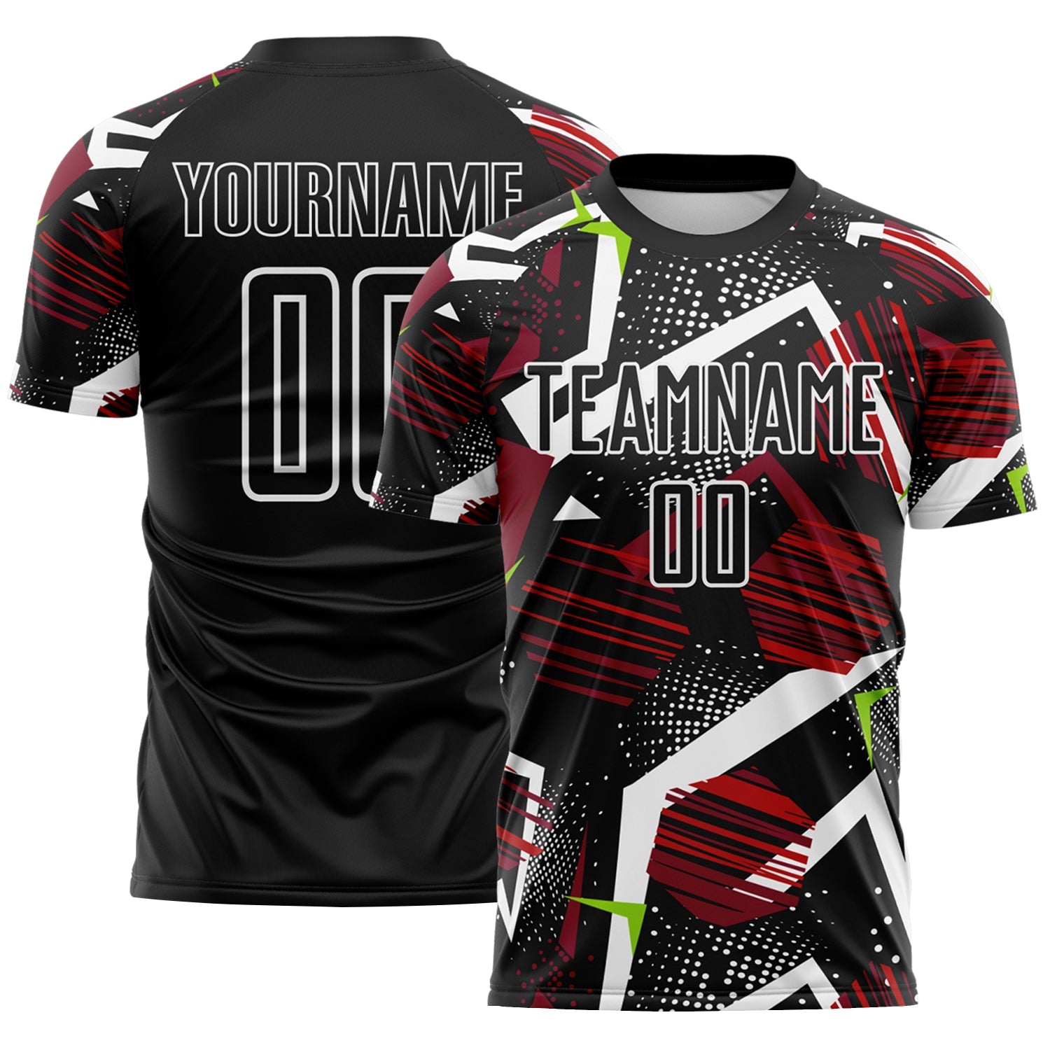 Custom Black Red Neon Green-White Geometric Asymmetry Shatter Sublimation Soccer Uniform Jersey - Main View