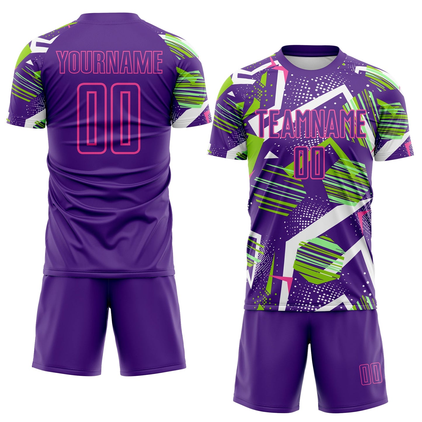 Custom Purple Green White-Pink Geometric Asymmetry Shatter Sublimation Soccer Uniform Jersey view 2