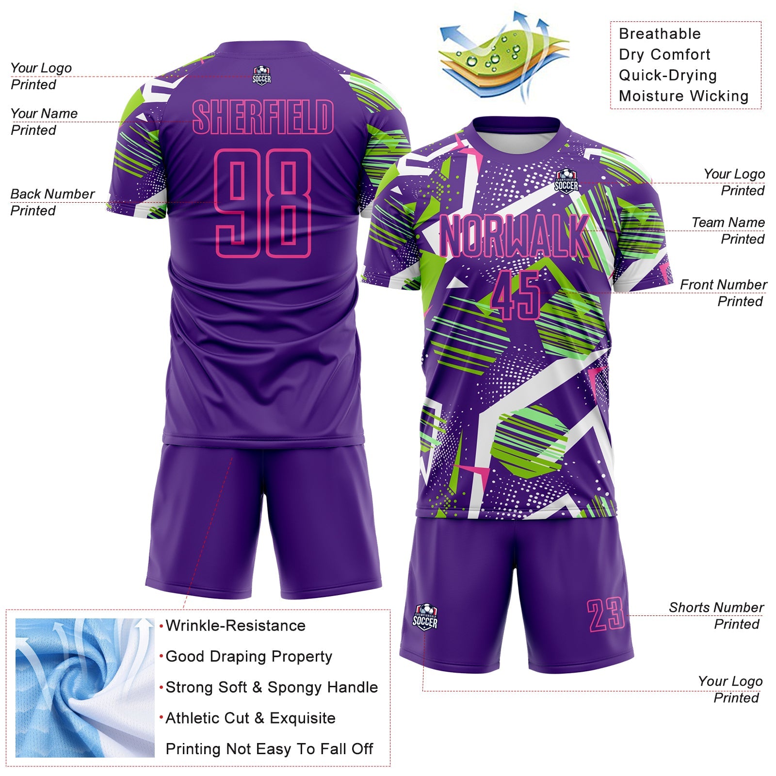 Custom Purple Green White-Pink Geometric Asymmetry Shatter Sublimation Soccer Uniform Jersey view 4