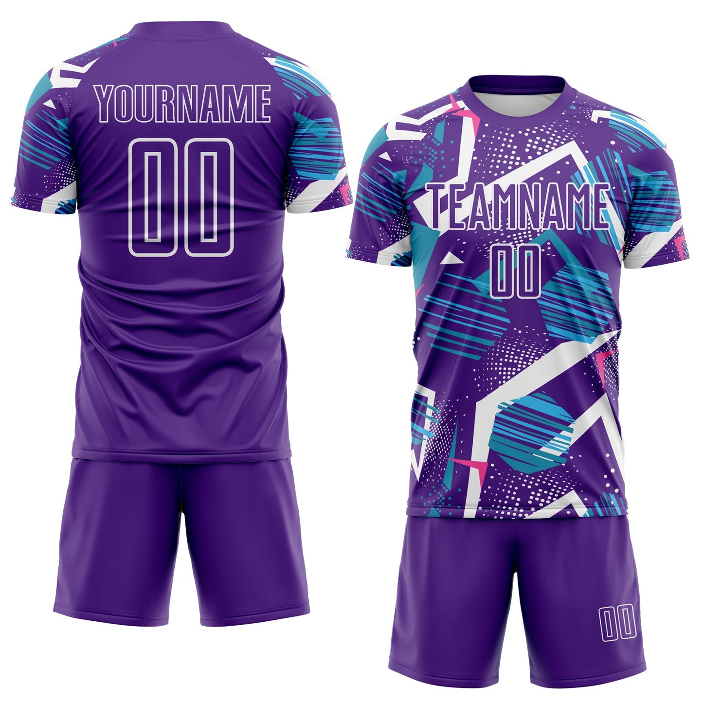 Custom Purple Blue Pink-White Geometric Asymmetry Shatter Sublimation Soccer Uniform Jersey view 2