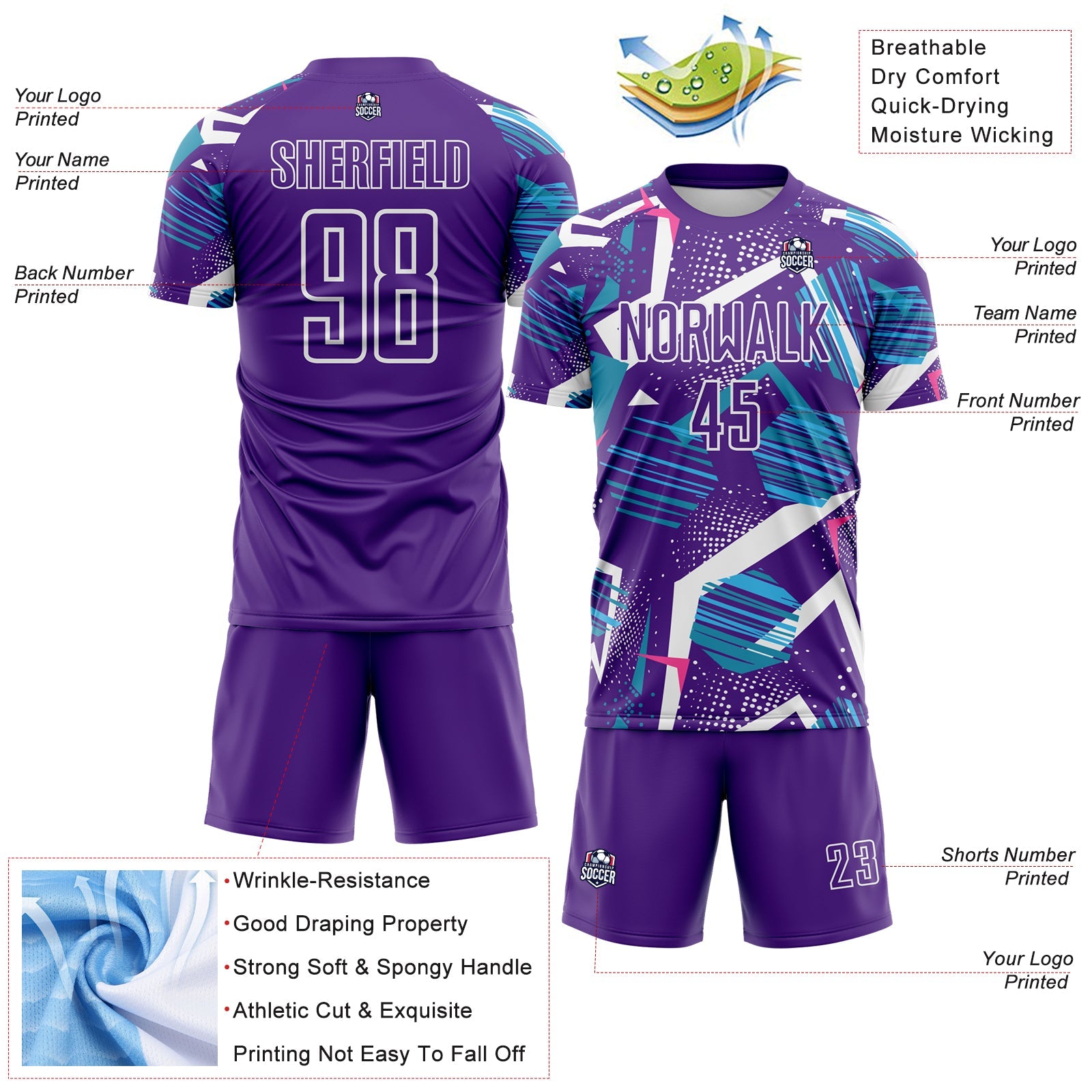 Custom Purple Blue Pink-White Geometric Asymmetry Shatter Sublimation Soccer Uniform Jersey view 4