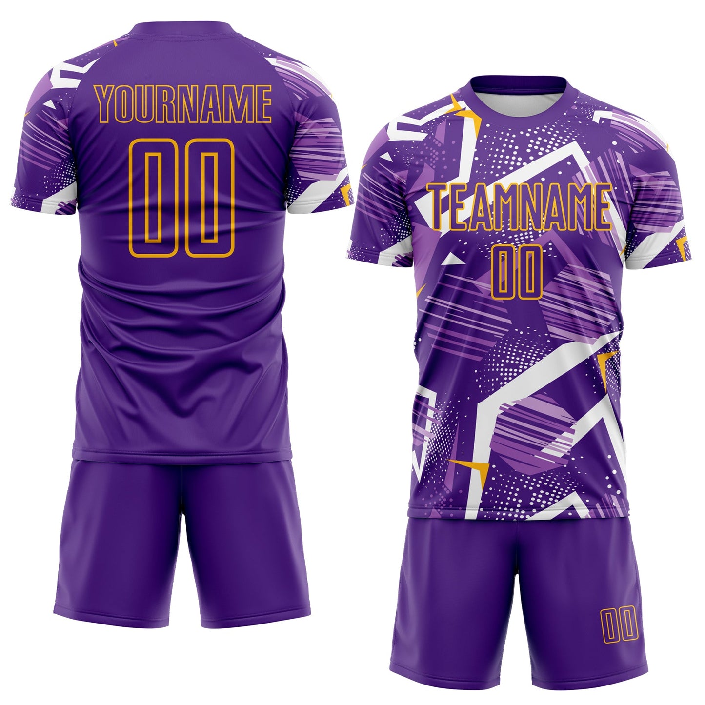Custom Purple White-Gold Geometric Asymmetry Shatter Sublimation Soccer Uniform Jersey view 2