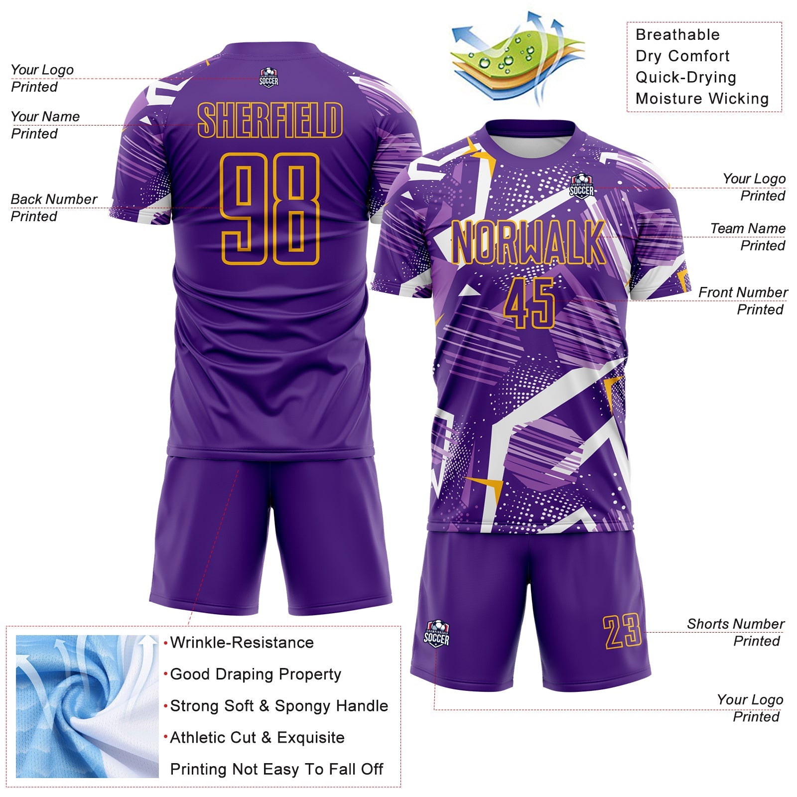 Custom Purple White-Gold Geometric Asymmetry Shatter Sublimation Soccer Uniform Jersey view 4
