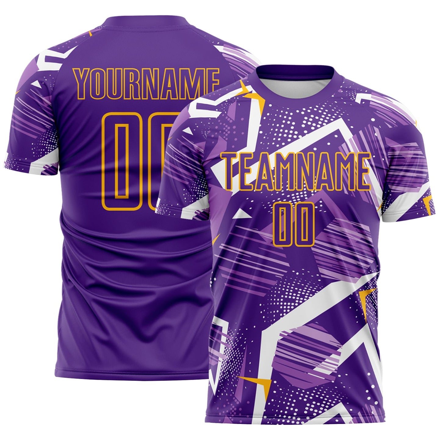Custom Purple White-Gold Geometric Asymmetry Shatter Sublimation Soccer Uniform Jersey - Main View