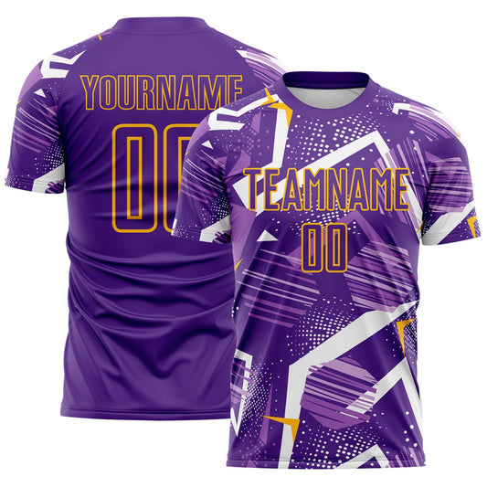 Custom Purple White-Gold Geometric Asymmetry Shatter Sublimation Soccer Uniform Jersey - Main View