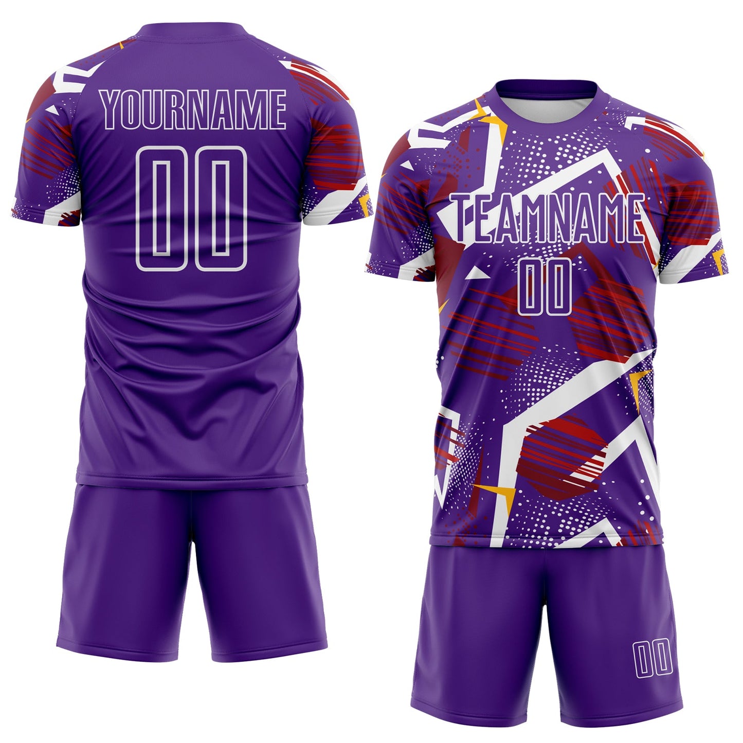 Custom Purple Red Gold-White Geometric Asymmetry Shatter Sublimation Soccer Uniform Jersey view 2