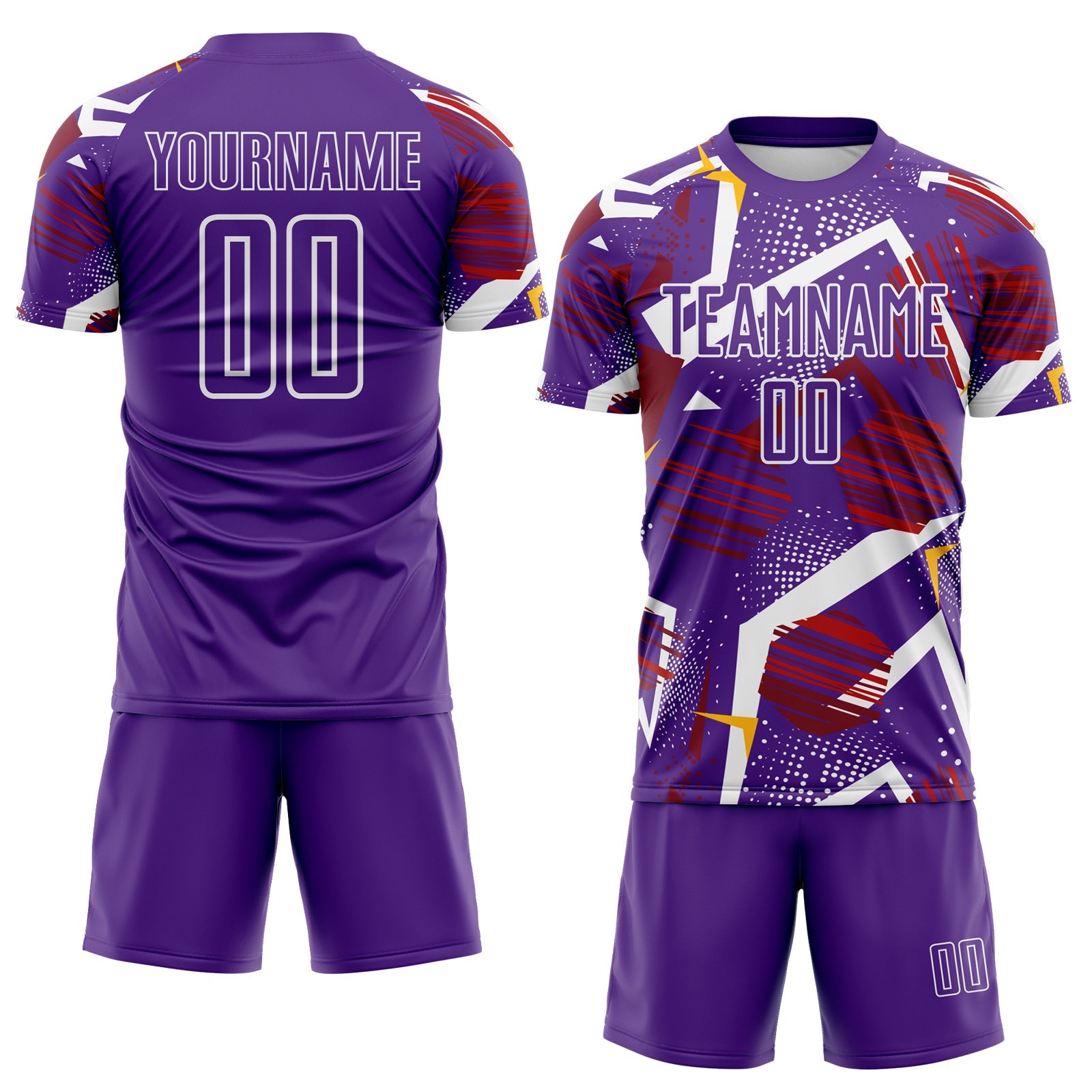 Custom Purple Red Gold-White Geometric Asymmetry Shatter Sublimation Soccer Uniform Jersey view 2