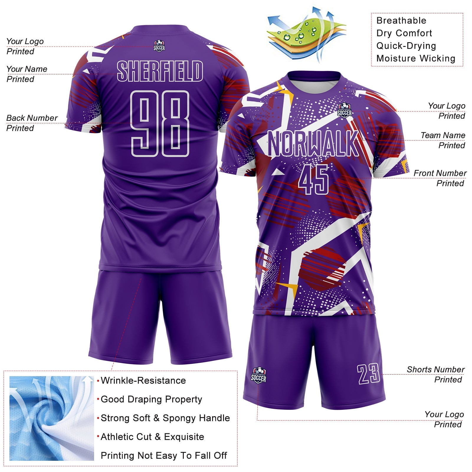 Custom Purple Red Gold-White Geometric Asymmetry Shatter Sublimation Soccer Uniform Jersey view 4