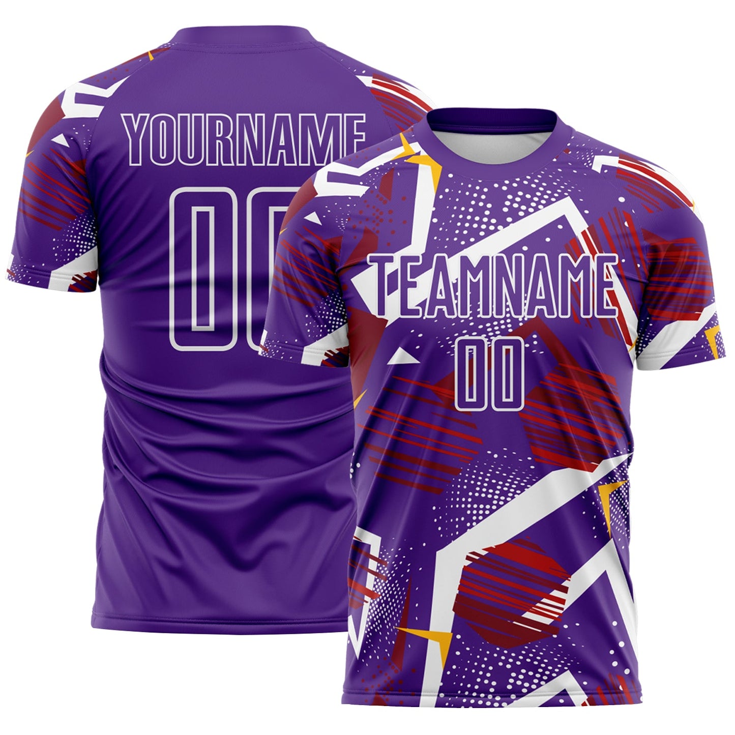 Custom Purple Red Gold-White Geometric Asymmetry Shatter Sublimation Soccer Uniform Jersey - Main View