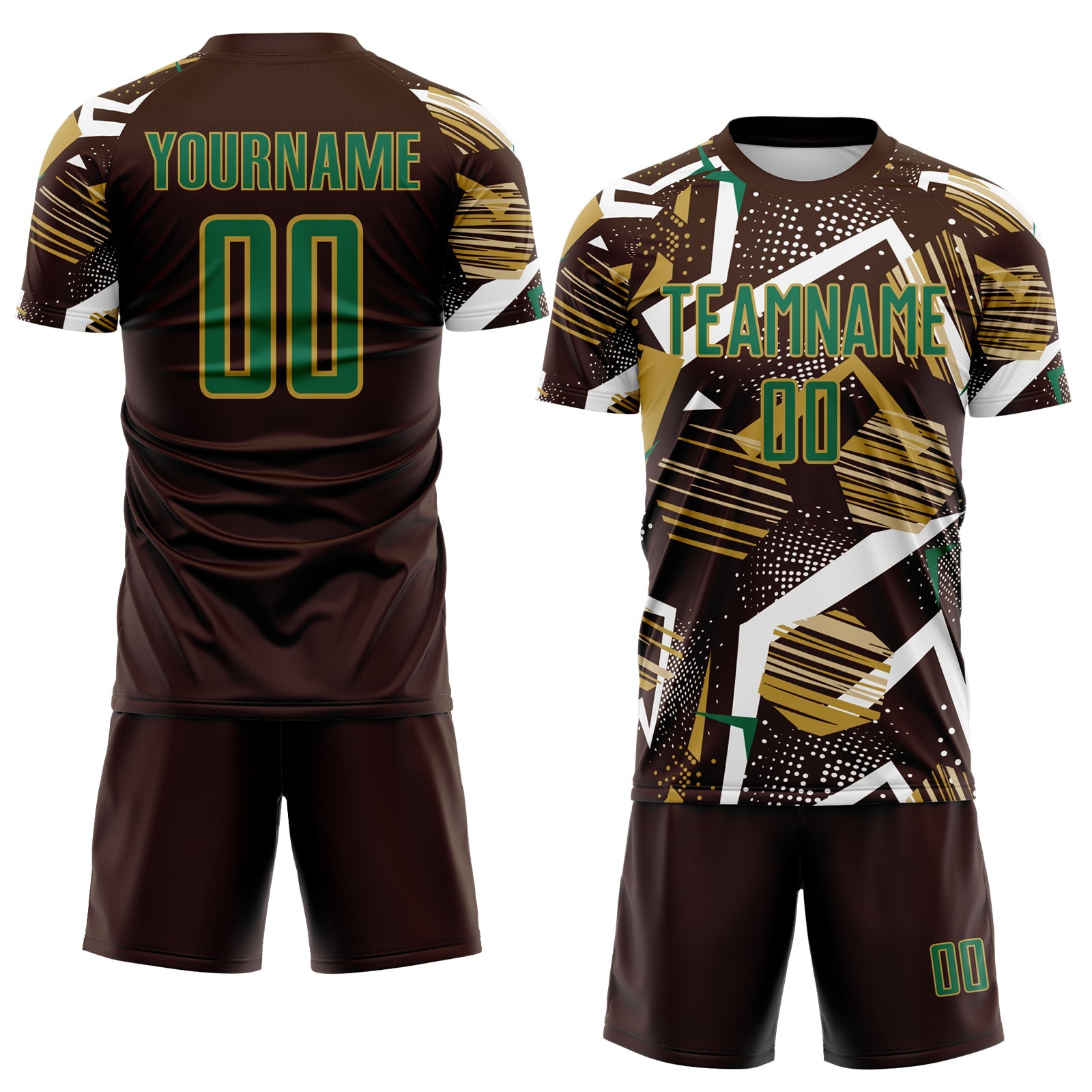 Custom Brown Kelly Green White-Old Gold Geometric Asymmetry Shatter Sublimation Soccer Uniform Jersey view 2