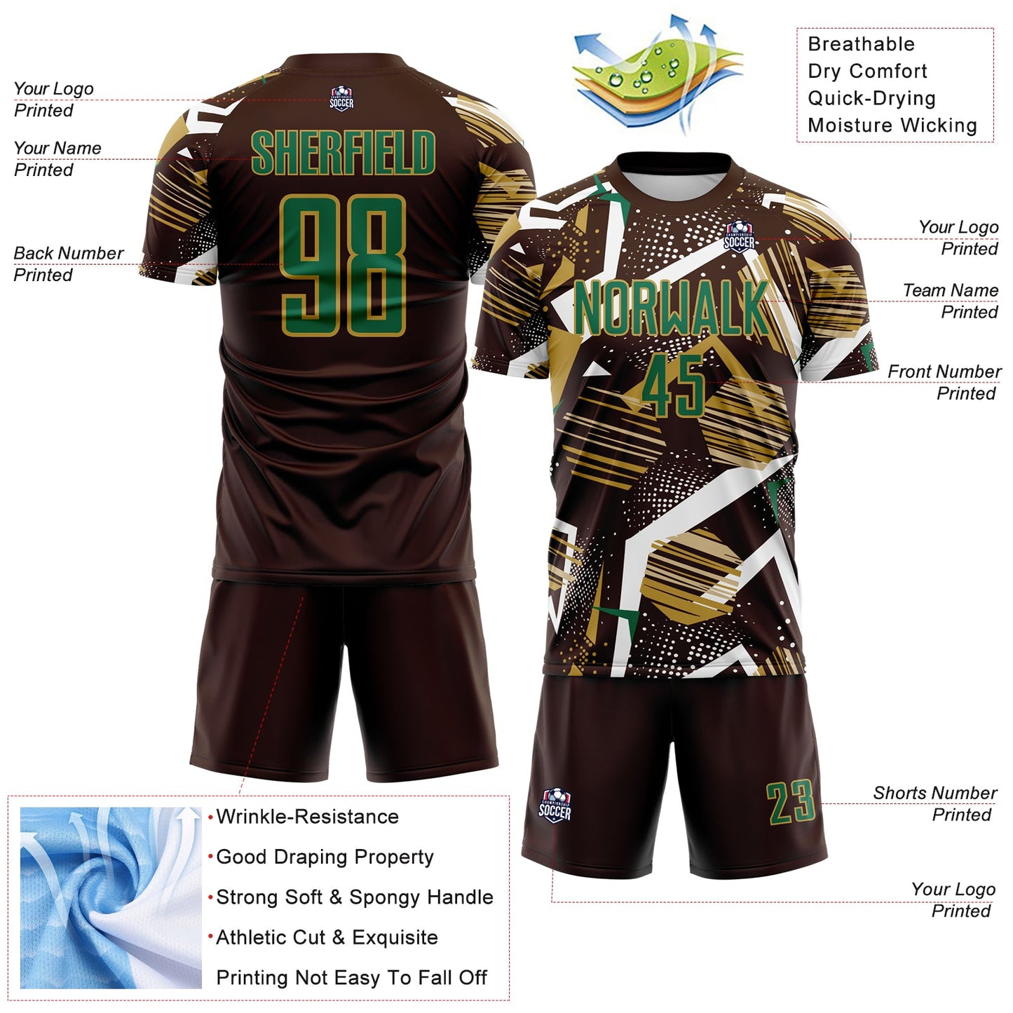 Custom Brown Kelly Green White-Old Gold Geometric Asymmetry Shatter Sublimation Soccer Uniform Jersey view 4