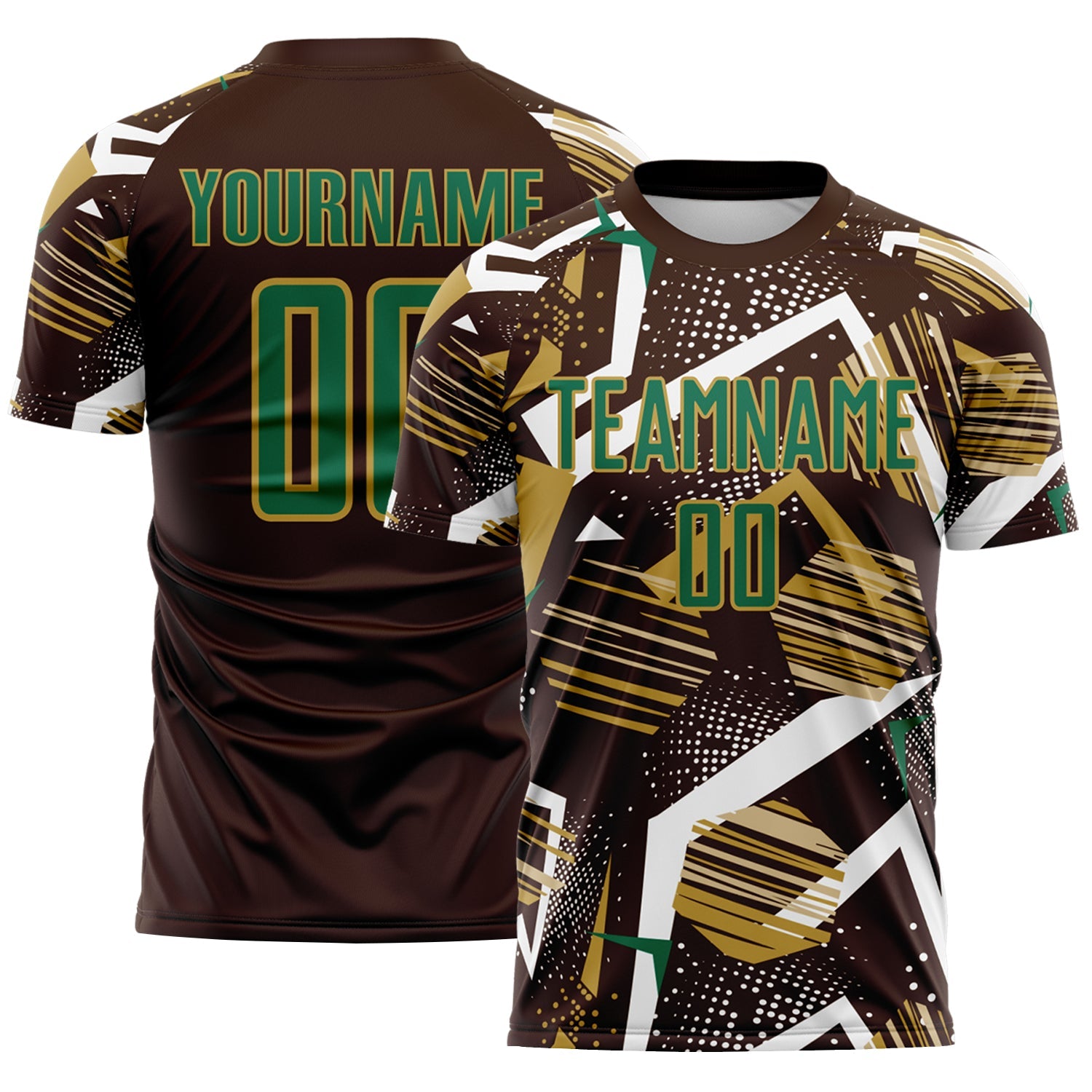 Custom Brown Kelly Green White-Old Gold Geometric Asymmetry Shatter Sublimation Soccer Uniform Jersey - Main View