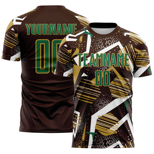Custom Brown Kelly Green White-Old Gold Geometric Asymmetry Shatter Sublimation Soccer Uniform Jersey - Main View