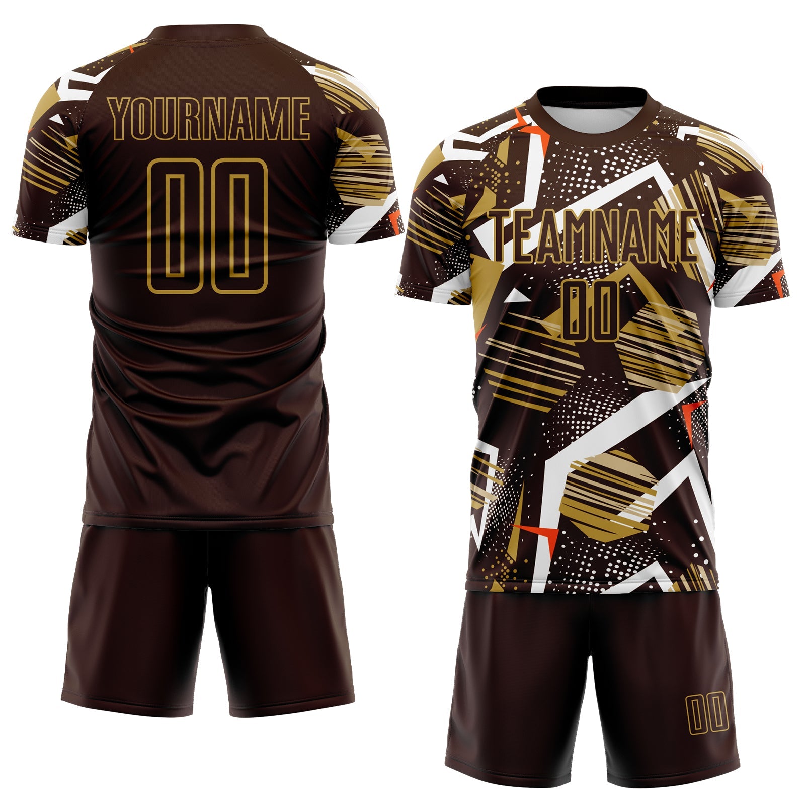 Custom Brown White Orange-Old Gold Geometric Asymmetry Shatter Sublimation Soccer Uniform Jersey view 2