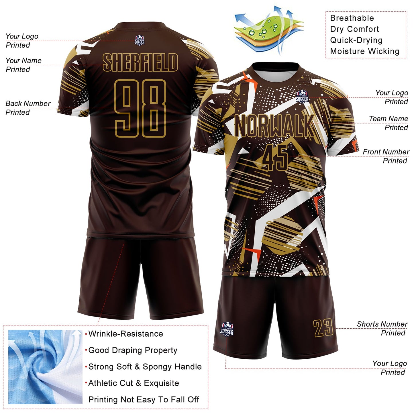Custom Brown White Orange-Old Gold Geometric Asymmetry Shatter Sublimation Soccer Uniform Jersey view 4