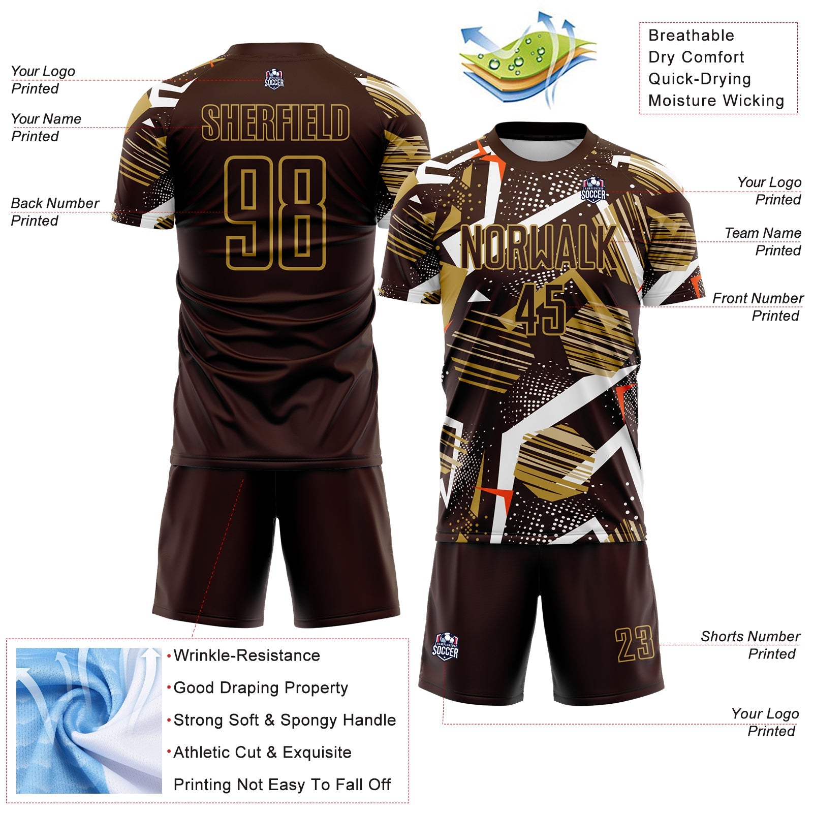 Custom Brown White Orange-Old Gold Geometric Asymmetry Shatter Sublimation Soccer Uniform Jersey view 4