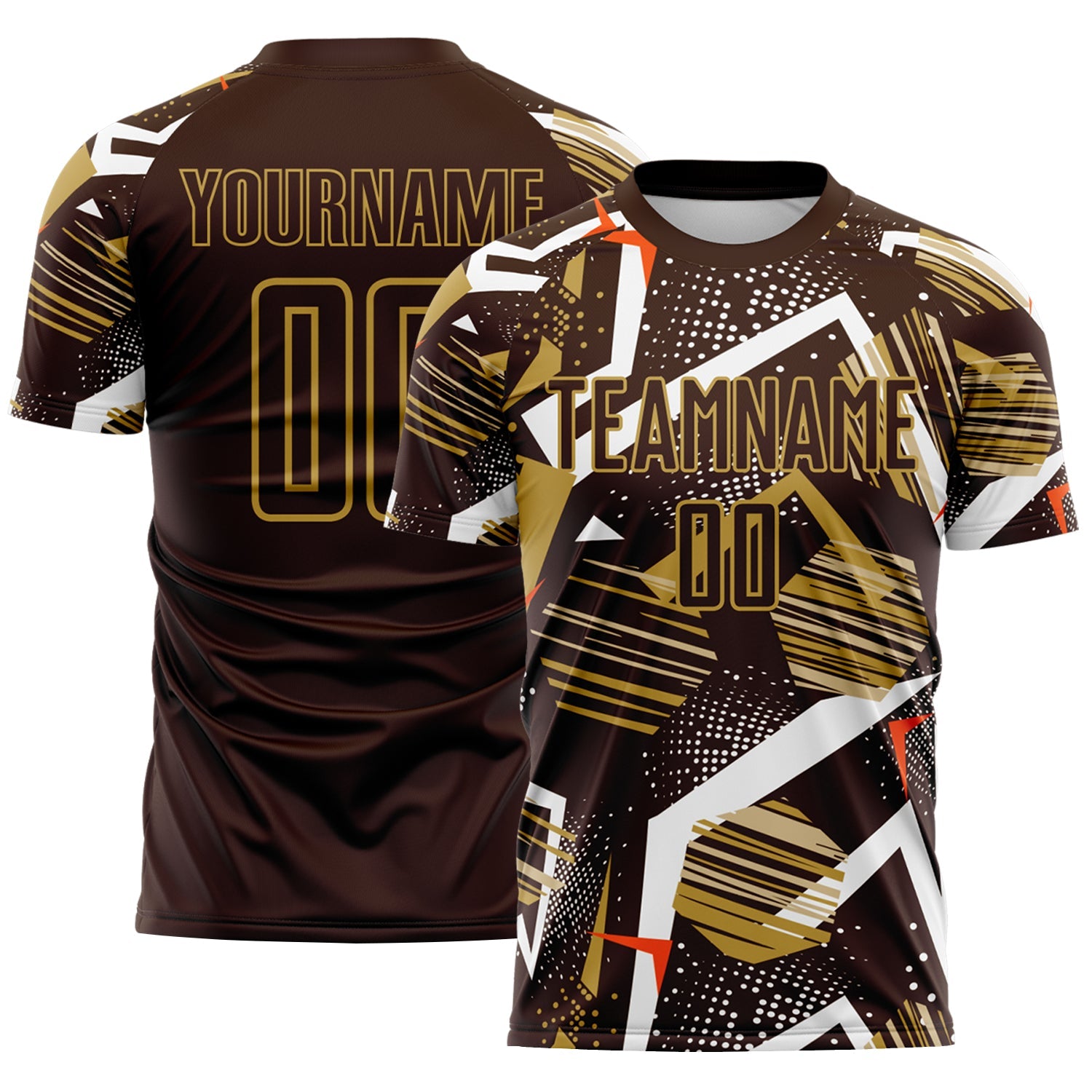 Custom Brown White Orange-Old Gold Geometric Asymmetry Shatter Sublimation Soccer Uniform Jersey - Main View