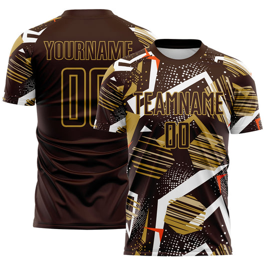 Custom Brown White Orange-Old Gold Geometric Asymmetry Shatter Sublimation Soccer Uniform Jersey - Main View