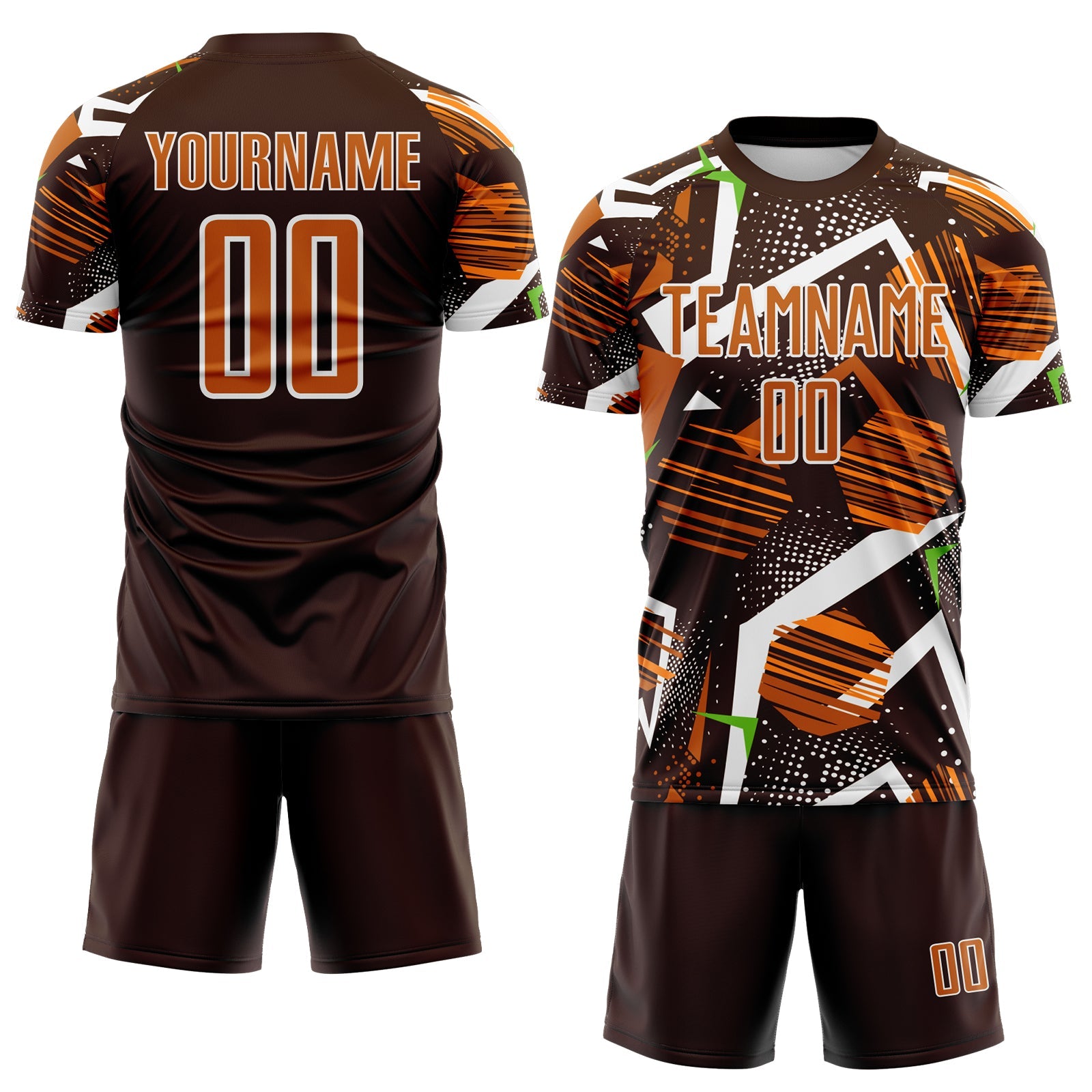 Custom Brown Texas Orange Neon Green-White Geometric Asymmetry Shatter Sublimation Soccer Uniform Jersey view 2