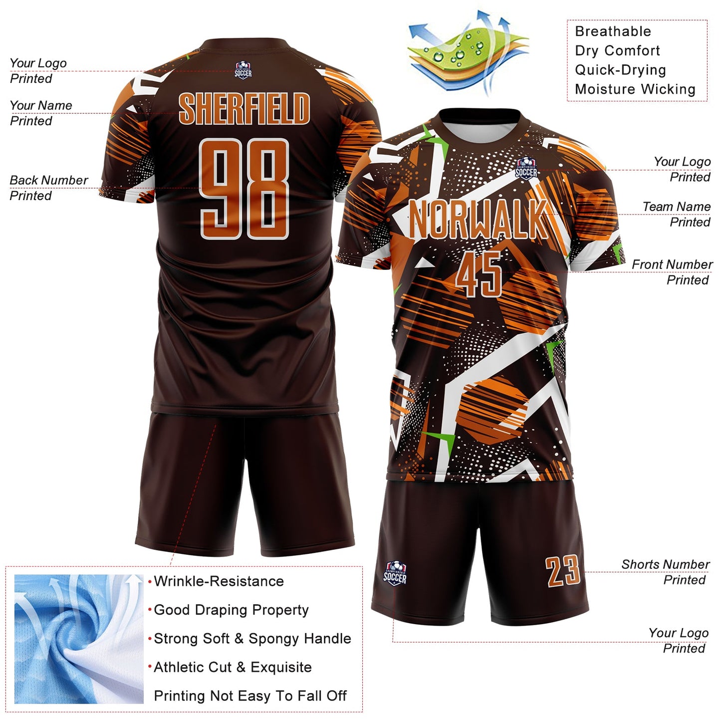 Custom Brown Texas Orange Neon Green-White Geometric Asymmetry Shatter Sublimation Soccer Uniform Jersey view 4
