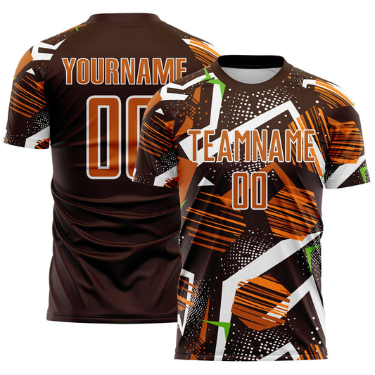 Custom Brown Texas Orange Neon Green-White Geometric Asymmetry Shatter Sublimation Soccer Uniform Jersey - Main View