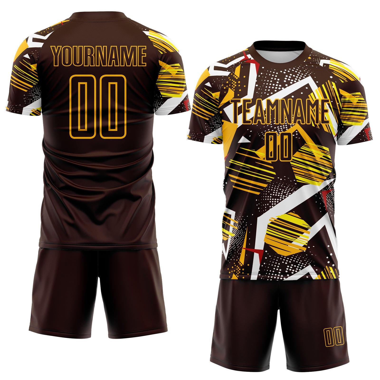 Custom Brown Red White-Gold Geometric Asymmetry Shatter Sublimation Soccer Uniform Jersey view 2