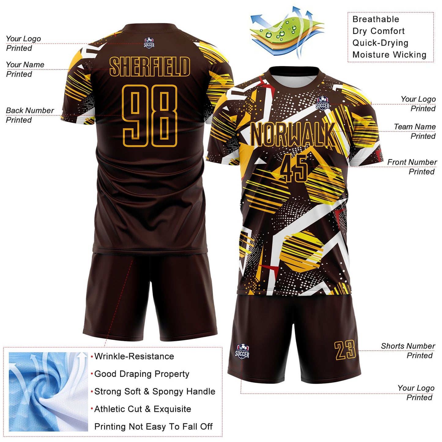 Custom Brown Red White-Gold Geometric Asymmetry Shatter Sublimation Soccer Uniform Jersey view 4