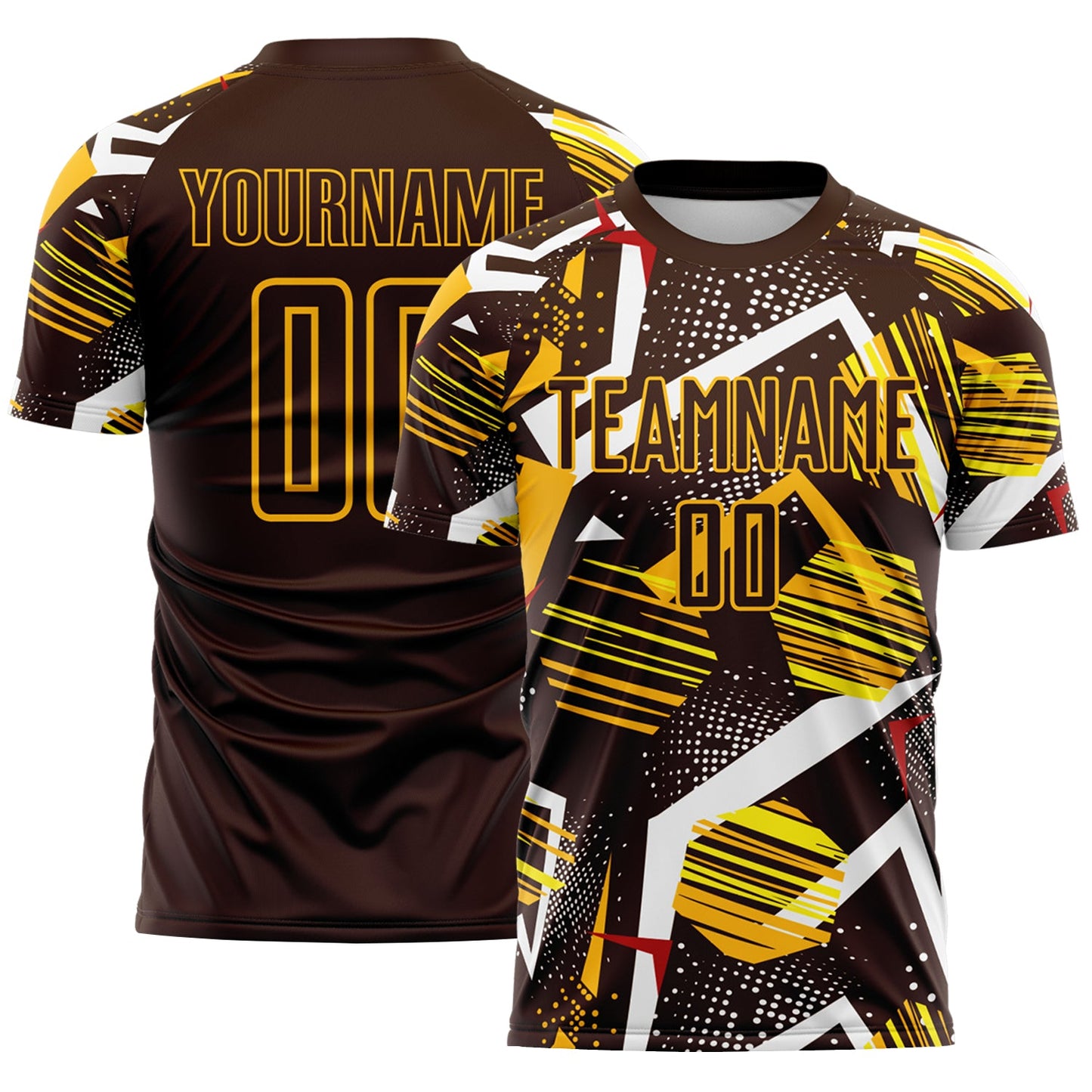 Custom Brown Red White-Gold Geometric Asymmetry Shatter Sublimation Soccer Uniform Jersey - Main View