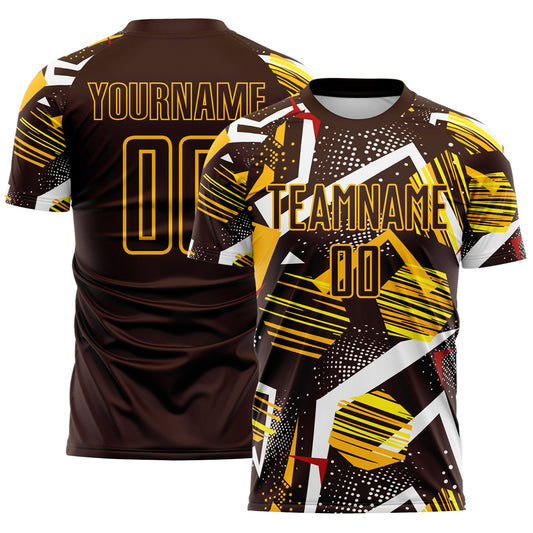 Custom Brown Red White-Gold Geometric Asymmetry Shatter Sublimation Soccer Uniform Jersey - Main View
