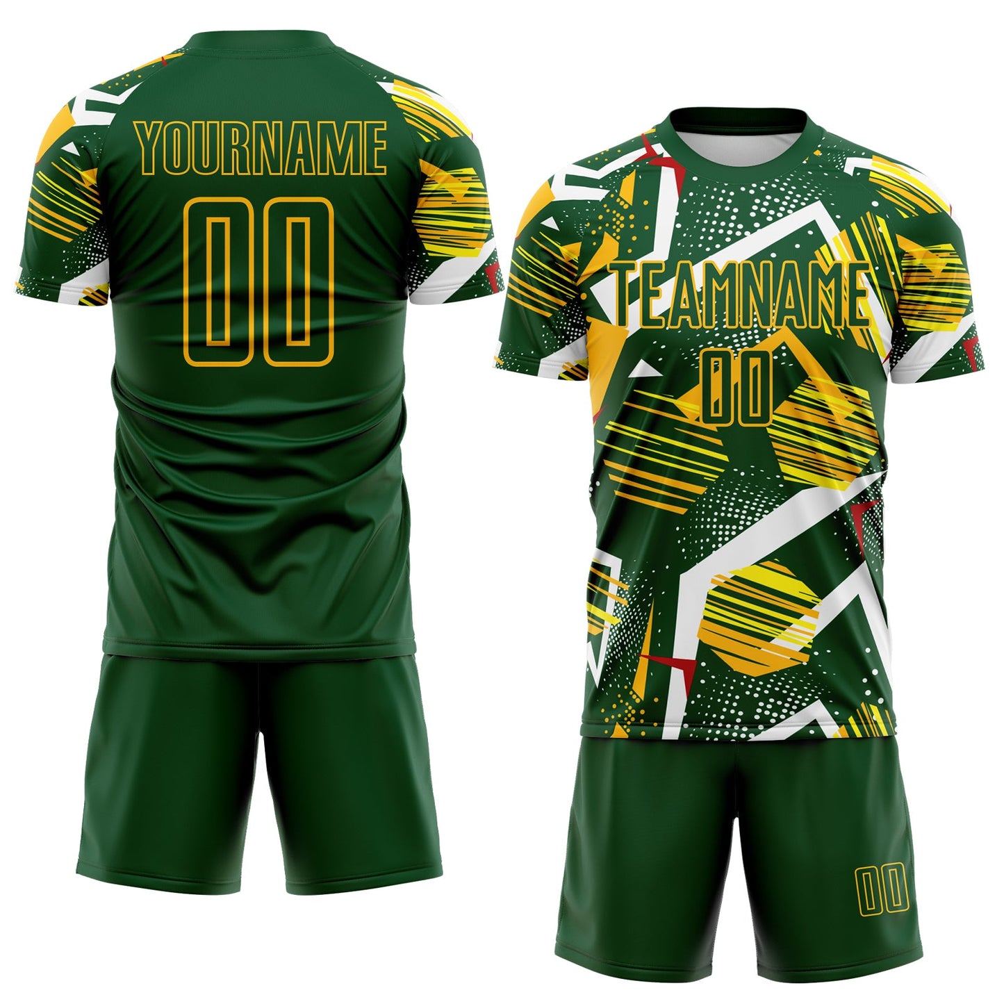 Custom Green Red White-Gold Geometric Asymmetry Shatter Sublimation Soccer Uniform Jersey view 2