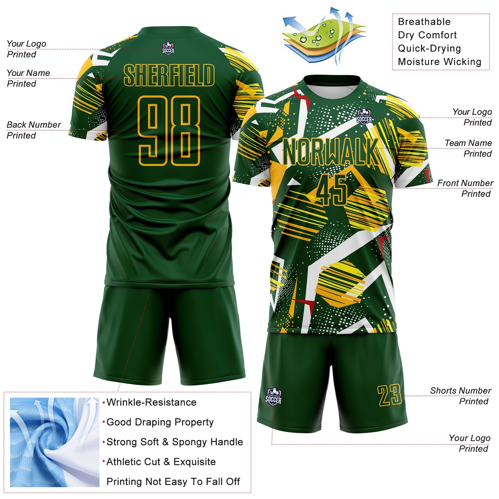 Custom Green Red White-Gold Geometric Asymmetry Shatter Sublimation Soccer Uniform Jersey view 4