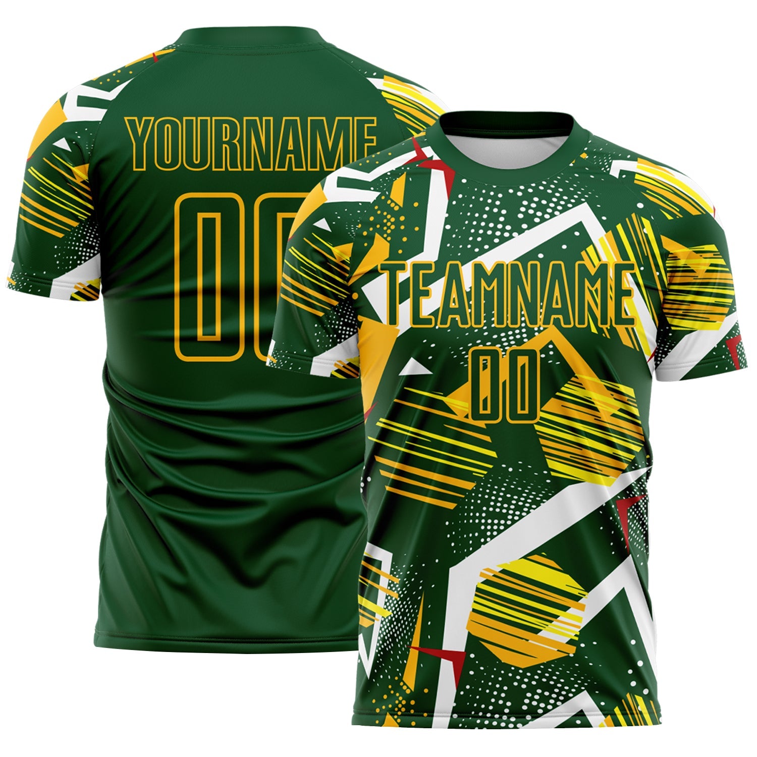 Custom Green Red White-Gold Geometric Asymmetry Shatter Sublimation Soccer Uniform Jersey - Main View