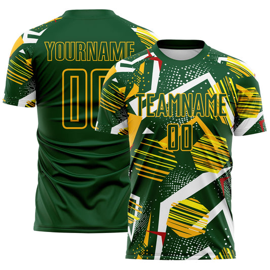 Custom Green Red White-Gold Geometric Asymmetry Shatter Sublimation Soccer Uniform Jersey - Main View