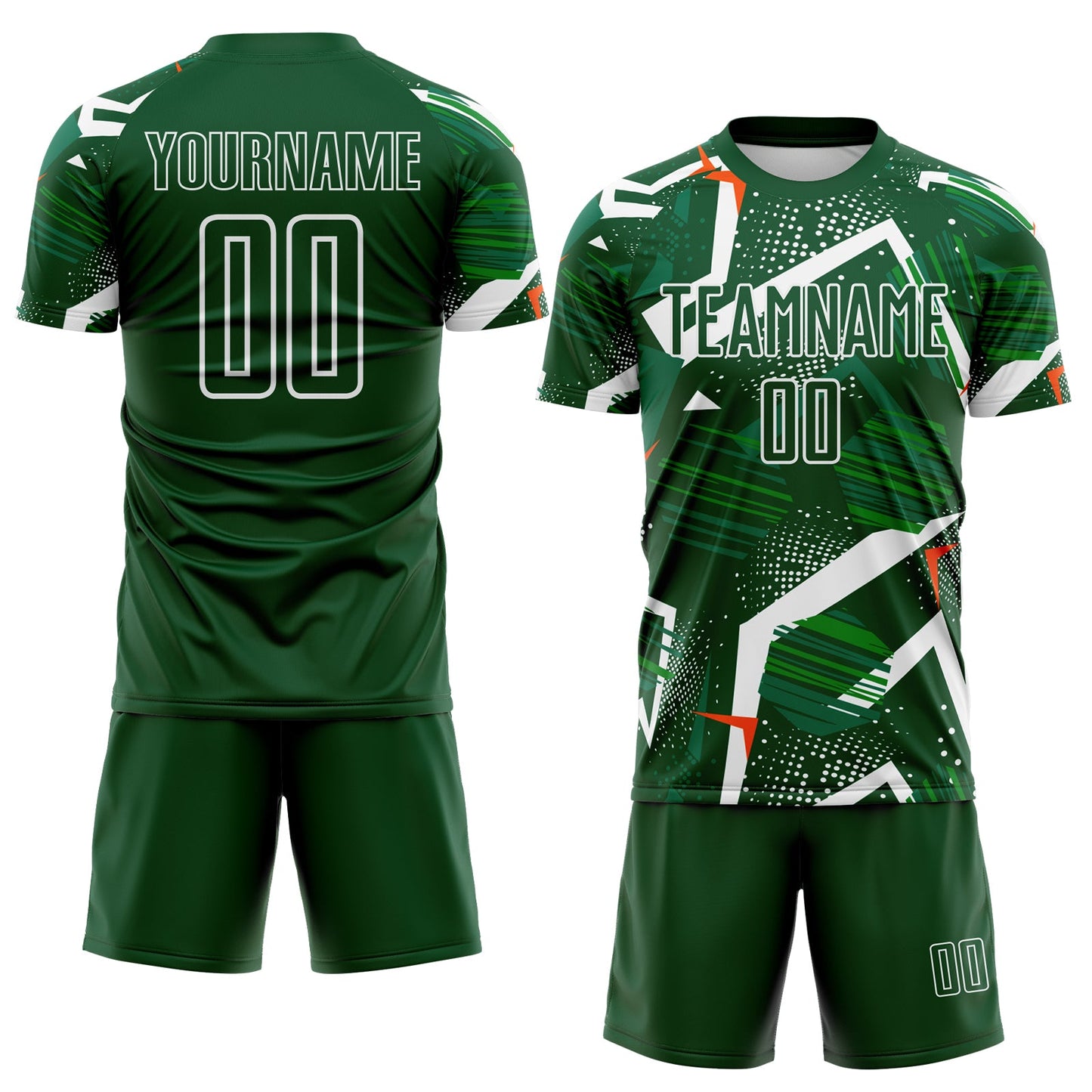 Custom Green Orange-White Geometric Asymmetry Shatter Sublimation Soccer Uniform Jersey view 2