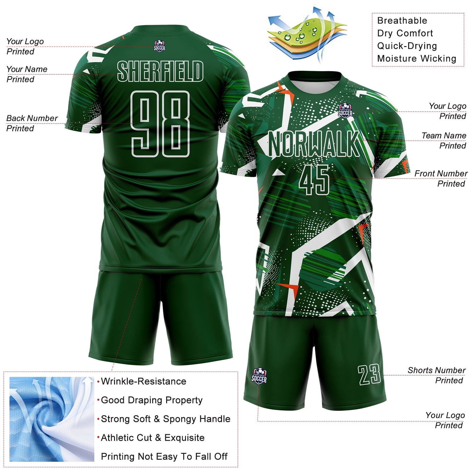 Custom Green Orange-White Geometric Asymmetry Shatter Sublimation Soccer Uniform Jersey view 4