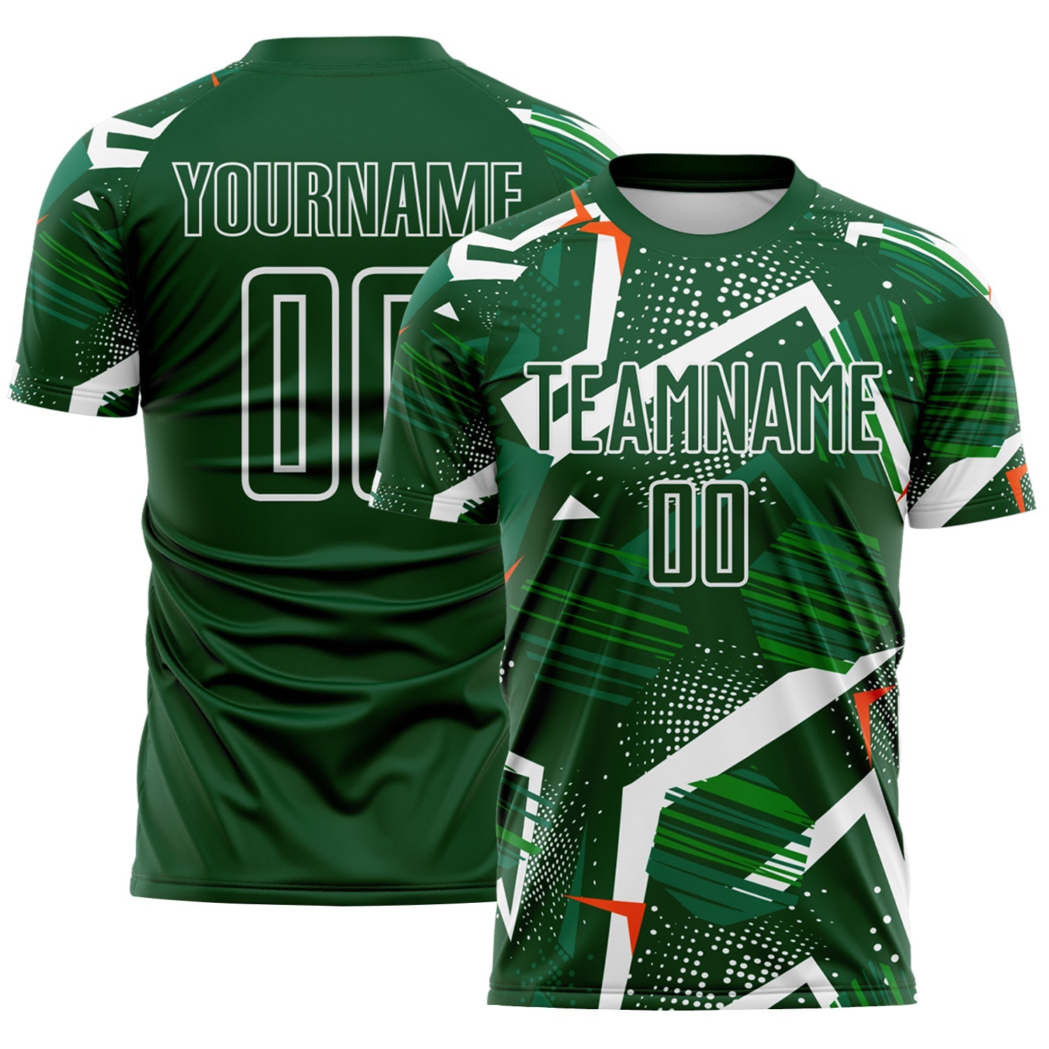 Custom Green Orange-White Geometric Asymmetry Shatter Sublimation Soccer Uniform Jersey - Main View
