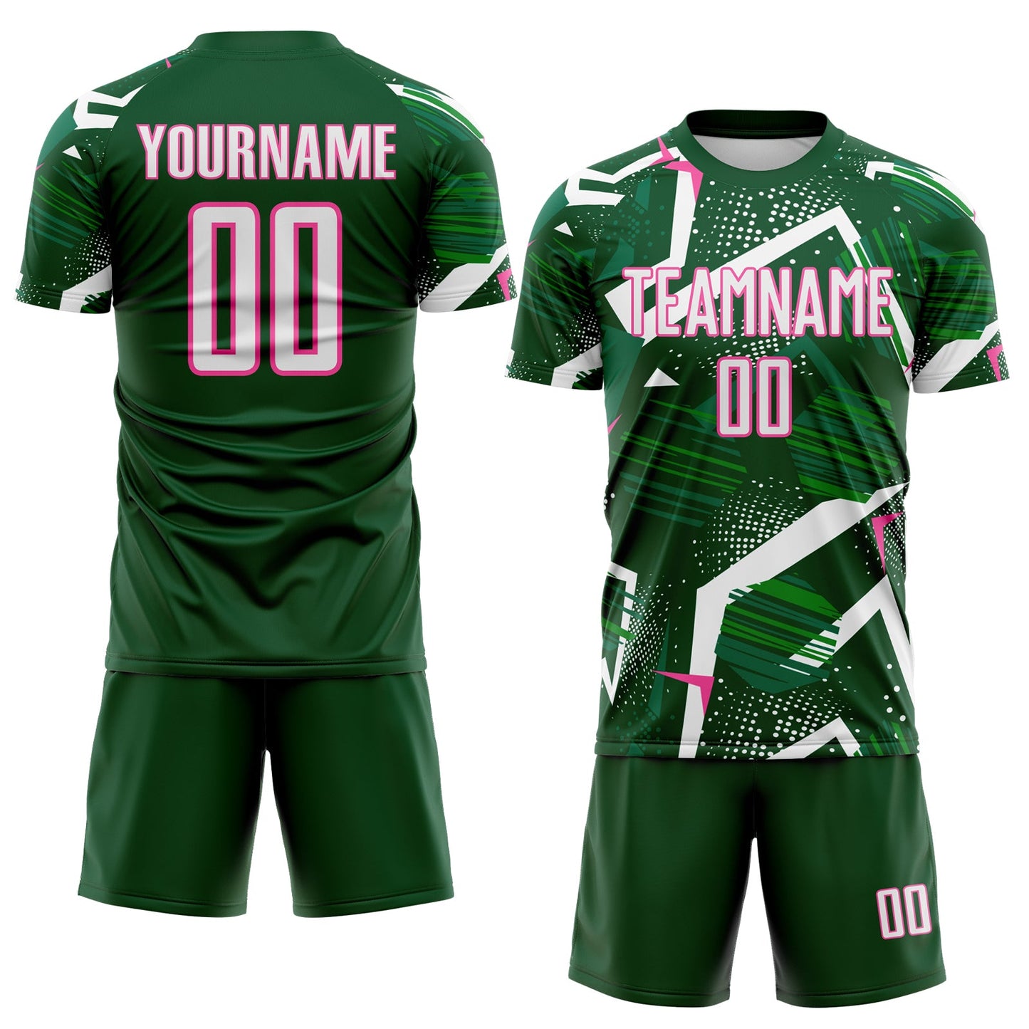 Custom Green White-Pink Geometric Asymmetry Shatter Sublimation Soccer Uniform Jersey view 2