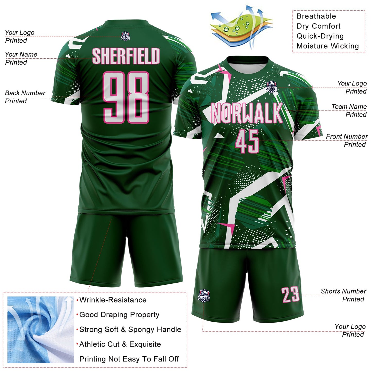Custom Green White-Pink Geometric Asymmetry Shatter Sublimation Soccer Uniform Jersey view 4