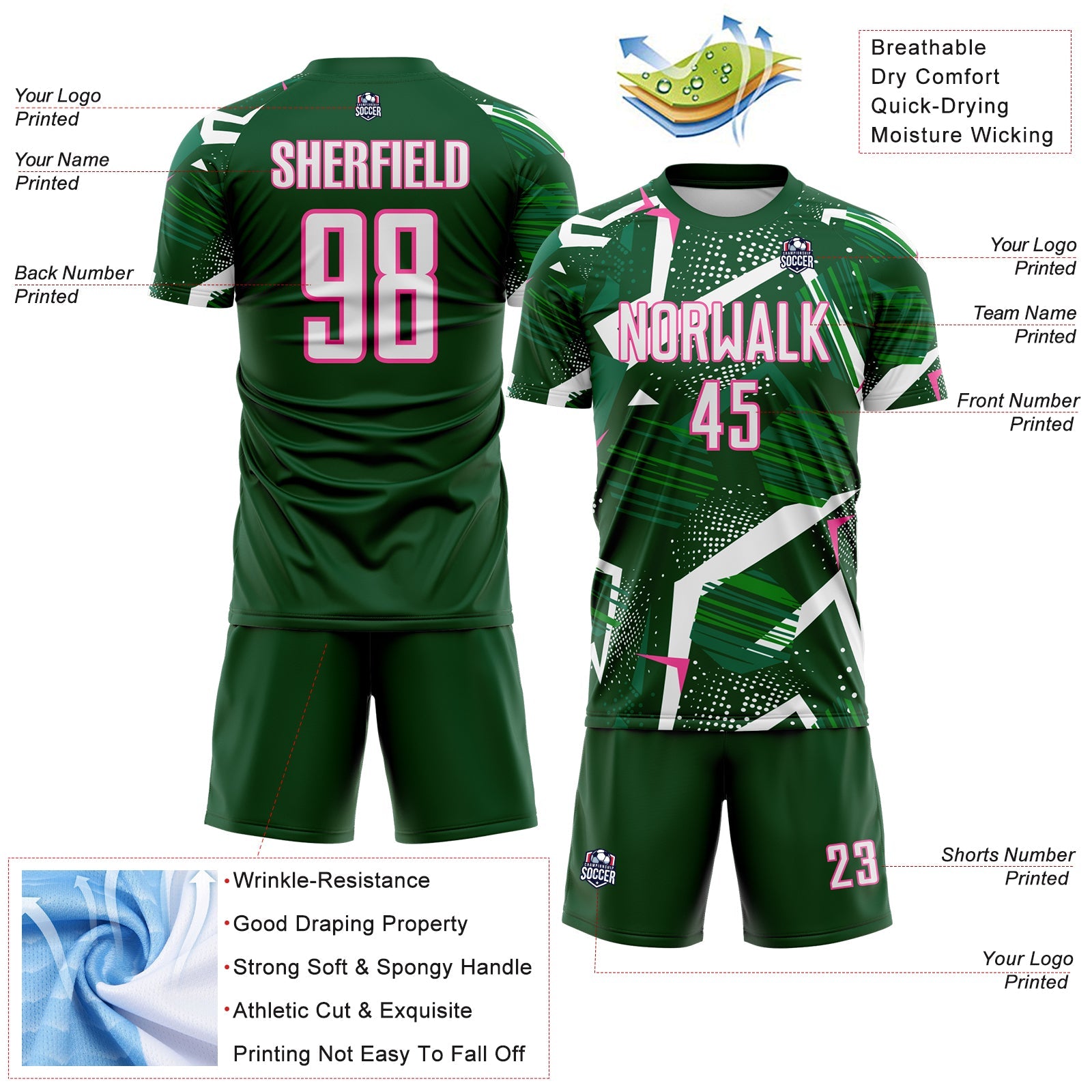 Custom Green White-Pink Geometric Asymmetry Shatter Sublimation Soccer Uniform Jersey view 4