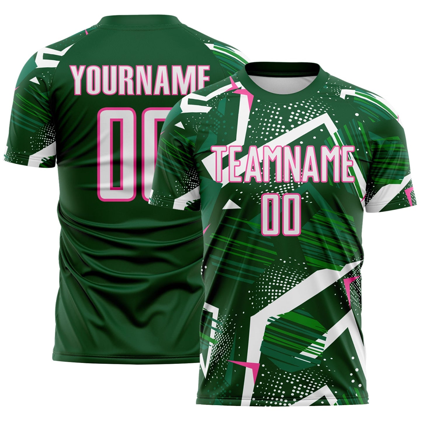 Custom Green White-Pink Geometric Asymmetry Shatter Sublimation Soccer Uniform Jersey - Main View