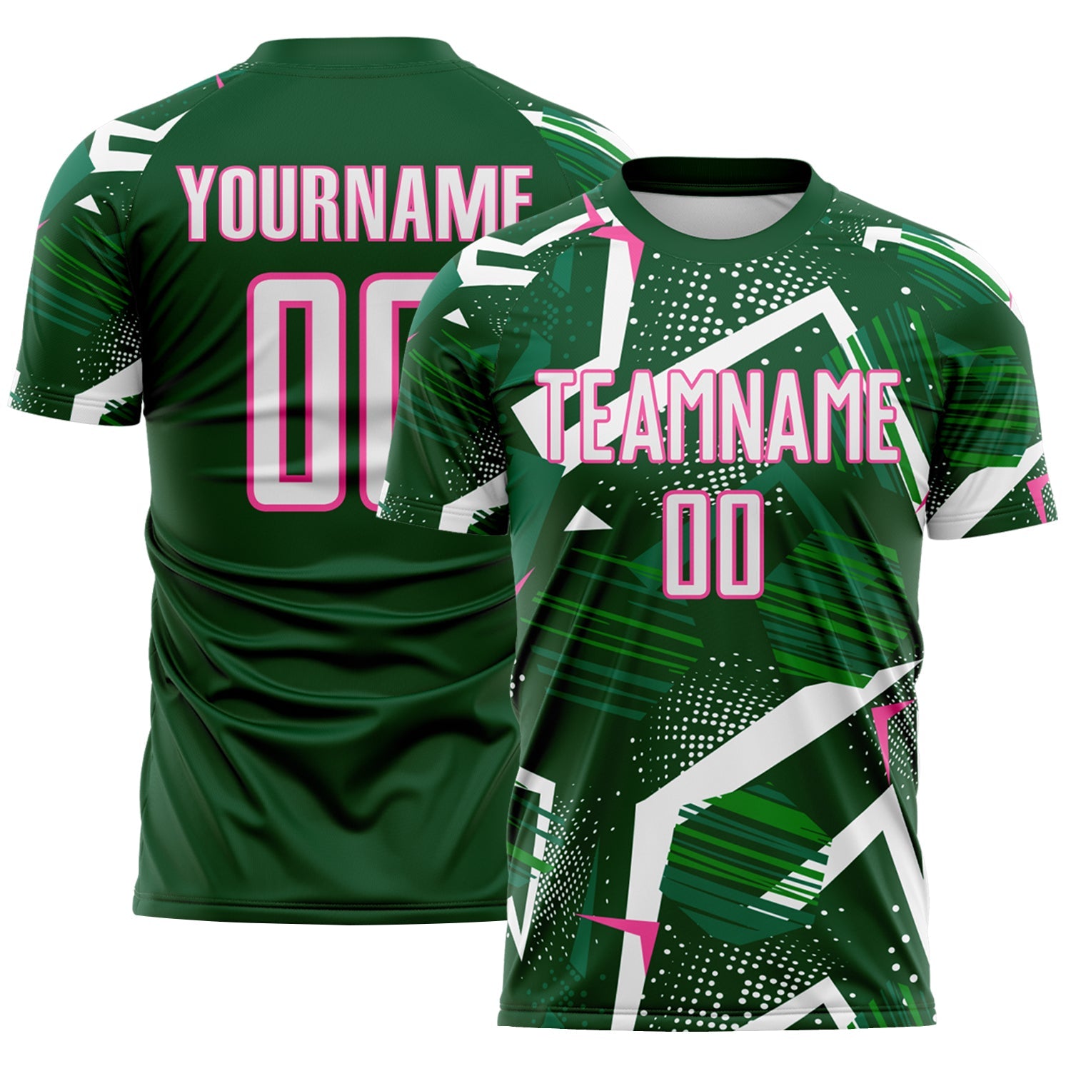 Custom Green White-Pink Geometric Asymmetry Shatter Sublimation Soccer Uniform Jersey - Main View