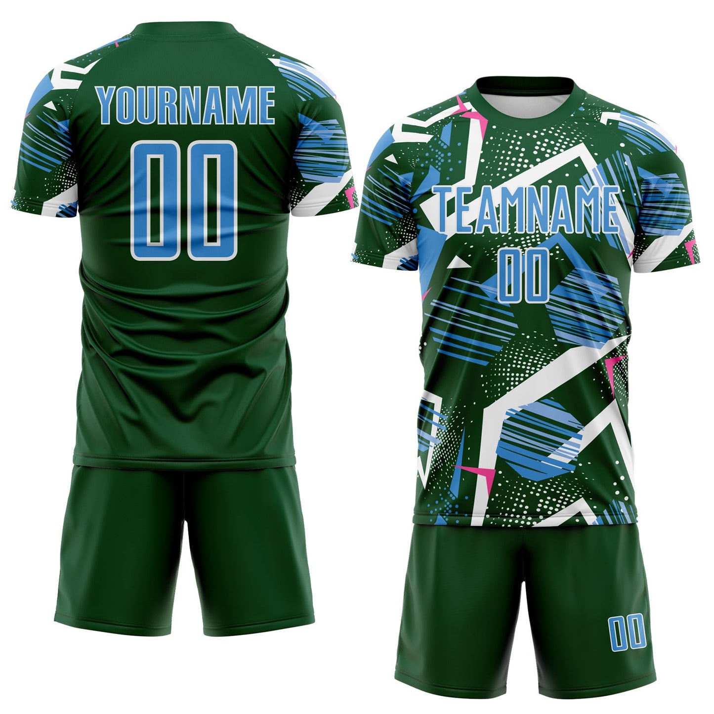 Custom Green Powder Blue Pink-White Geometric Asymmetry Shatter Sublimation Soccer Uniform Jersey view 2
